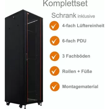 19 inch rozvaděč SRK IT-BUDGET kompletní sada 38U 600x600 mm skleněné dveře vpředu ocelové dveře vzadu 4 aktivní ventilátory PDU police smontovaný černý 99ITB19SRK3866GSM