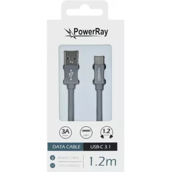 PowerRay Data Cable PR-DCUC120TGY USB-A to USB-C 1.2 m Textile Grey Braided Fast Charging & 5 Gbps Data Sync
