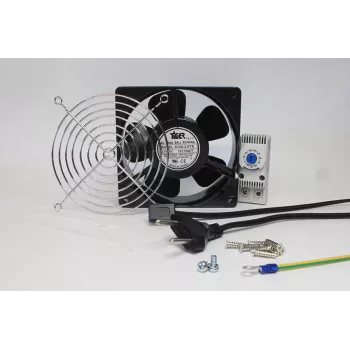 Kompletní sada ventilátoru IT skříně IT-BUDGET s termostatem - průtok vzduchu 160 m³/h - 230 V - 1 ventilátor, ochranná mřížka, kabely, termostat, šrouby (90ITBLUESET1T)