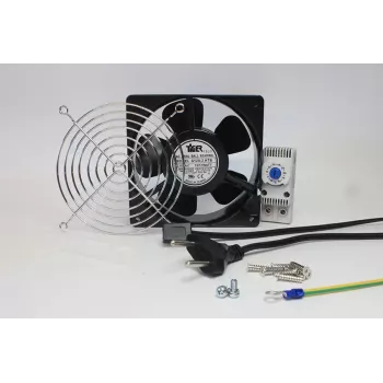 Kompletní sada ventilátoru IT skříně IT-BUDGET s termostatem - průtok vzduchu 160 m³/h - 230 V - 1 ventilátor, ochranná mřížka, kabely, termostat, šrouby (90ITBLUESET1T)