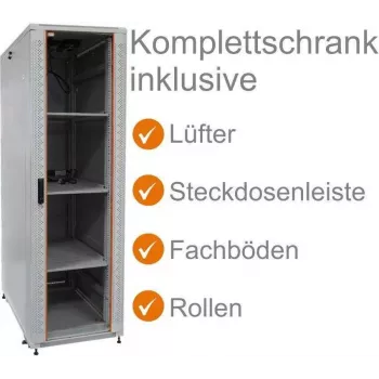 19 inch serverový rozvaděč IT-BUDGET SRK kompletní sada 38U 600x600 mm skleněné/ocelové dveře 4 ventilátory PDU police flatpack světle šedý 90ITB19SRK3866GG