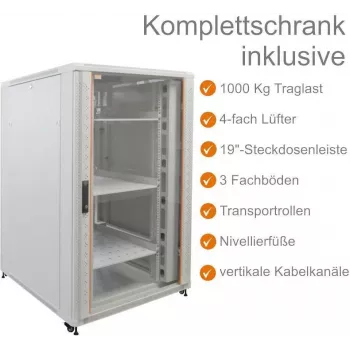 IT-BUDGET 19 inch serverový rozvaděč SRK kompletní sada - 27U - 800x1000 mm - prosklené/plné dveře - 4 aktivní ventilátory - PDU - police - smontováno - světle šedá 99ITB19SRK27810GGM
