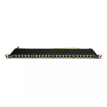 19 inch superplochý patch panel IT-BUDGET, 0,5U, plně stíněný, Cat.6A, 24 portů, PoE++, černý (90ITBPP6A05S)