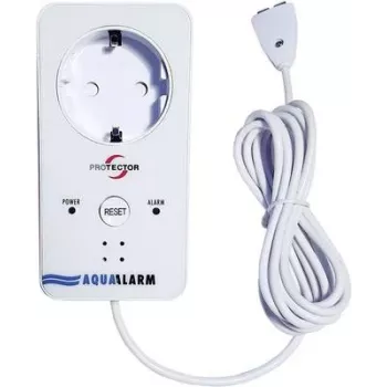 Detektor vody M-E MODERN-ELECTRONICS ME WA-5 s integrovanou zásuvkou, 230V, 2m senzorový kabel, akustický alarm >85dB, červená LED, spínání zásuvky Schuko 16A