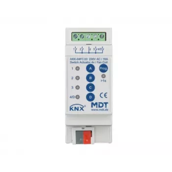 MDT AKK-04FC.03 KNX fancoilový aktor, 4 spínací výstupy, 16A, 230VAC, 2 TE, 70µF, 10 EVG