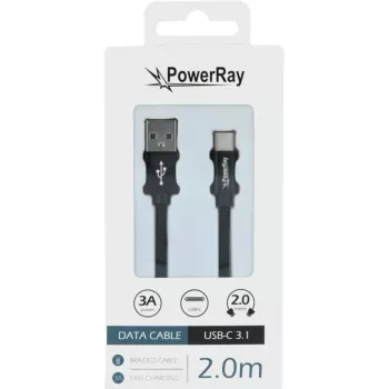 PowerRay Data Cable PR-DCUC200TBK, USB-A to USB-C, 2.0 m, Textile Black, Blister