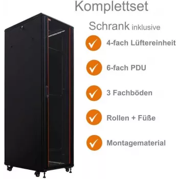 Síťový rozvaděč IT-BUDGET 19 SRK kompletní sada, 42U, 600x800 mm, skleněné/ocelové dveře, 4 aktivní ventilátory, PDU, police, smontovaný, černý (99ITB19SRK4268GSM)