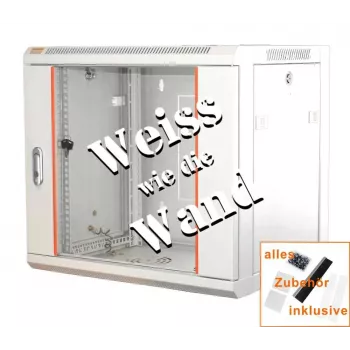Síťový rozvaděč IT-BUDGET 19 SWA, 12U, 570x600 mm, skleněné dveře, odnímatelné bočnice, nástěnná/podlahová montáž, sada příslušenství, čistě bílý (90ITB19WS1266GW)