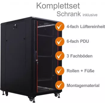 19 inch síťový rozvaděč SRK IT-BUDGET kompletní sada – 22U – 600x800 mm – skleněná/ocelová dvířka – 4 aktivní ventilátory – PDU – police – smontovaný – černý (99ITB19SRK2268GSM)