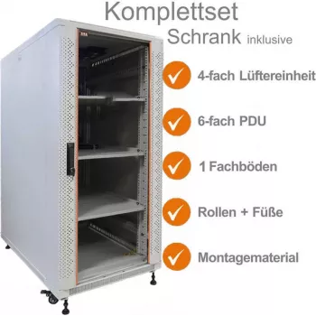 19 inch síťový rozvaděč SRK IT-BUDGET kompletní sada – 18U – 600x800 mm – skleněná/ocelová dvířka – 4 aktivní ventilátory – PDU – police – flatpack – světle šedý 90ITB19SRK1868GG