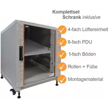 IT-BUDGET 19 inch serverový rack SRK, kompletní sada, 12U, 600x1000 mm, skleněné/ocelové dveře, 4 aktivní ventilátory, PDU, police, smontovaný, světle šedý 99ITB19SRK12610GGM