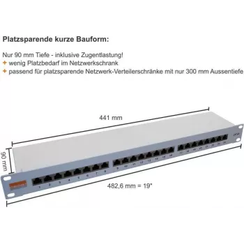 IT-BUDGET 19 inch patch panel Profi S, krátká hloubka, stíněný, Cat.6A, 24 portů, podpora PoE+, 1U, světle šedý (90ITBPP6A1G)