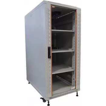 Síťový rozvaděč 19 inch IT-BUDGET SRK kompletní sada 22U 600x600 mm skleněné/plné dveře 4 ventilátory PDU police flatpack světle šedý 90ITB19SRK2266GG
