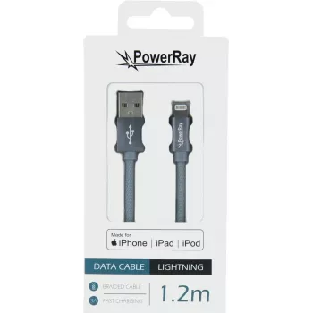 Opletený kabel PowerRay USB na Lightning MFi 1,2 m textilní šedý PR-DCUL120TGY