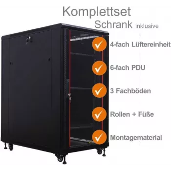 Síťový rozvaděč 19 inch IT-BUDGET SRK kompletní sada 27U 600x600 mm skleněné/plné dveře 4 ventilátory PDU police flatpack černý 90ITB19SRK2766GS