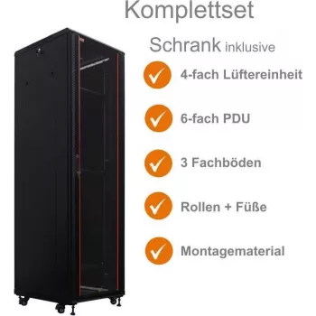 Síťový rozvaděč 19 inch IT-BUDGET SRK kompletní sada 42U 600x600 mm skleněné/ocelové dveře 4 ventilátory PDU police smontovaný černý 99ITB19SRK4266GSM