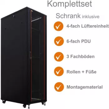 Serverový rack 19 inch IT-BUDGET SRK kompletní sada - 42U - 600x1000 mm - perforované dvojité dveře vpředu i vzadu - 4 aktivní ventilátory - PDU - police - flatpack - černý (90ITB19SRK42610DTS)