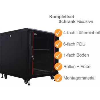 Serverový rack IT-BUDGET 19 inch SRK kompletní sada 12U 600x1000 mm sklo/plné dveře 4 aktivní ventilátory PDU police předmontovaný černý 99ITB19SRK12610GSM