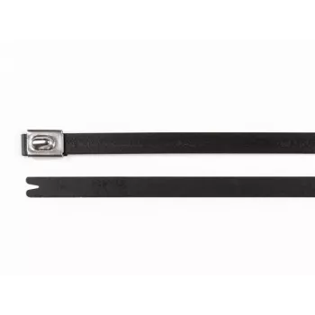 Stahovací páska z nerezové oceli HellermannTyton MBT14HFC-SS316/SP-BK, 362 mm x 7,9 mm, černá polyesterová povrchová úprava, kuličkový uzávěr, 1 ks 111-00295