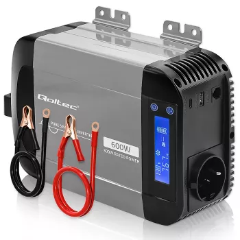 Qoltec Měnič čisté sinusovky 12V na 230V 300W/600W s LCD, USB-A a USB-C PD, kompatibilní s LiFePO4/GEL/AGM