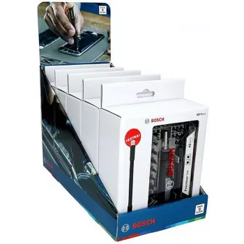 Precizní sada bitů do šroubováku Bosch, prezentační stojan, 5 sad s 33 díly (165 celkem), ocel S2, šestihran 1/4 inch, bity PH/PZ/S/H/T, magnetický držák, prodejní stojan 2607002837,0