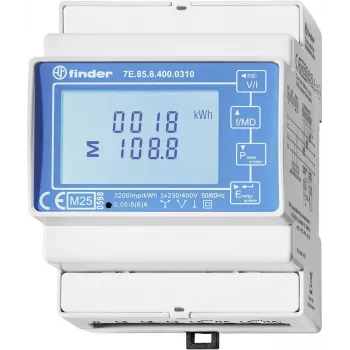 Jednofázový digitální elektroměr Finder 7E.85.8.400.0310, přímé připojení, třída B, impulsní výstup S0, na DIN lištu