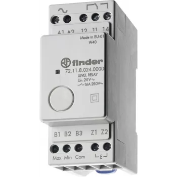 Relé pro kontrolu hladiny Finder 72.11.9.024.0000, 24V AC/DC, pevná citlivost 150 kΩ, 1 CO 10A, DIN lišta