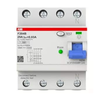 Proudový chránič ABB typ B 4P 25A 30mA 3kA 4 moduly F204B-25/0.03-4TE 2CSF204568R1250
