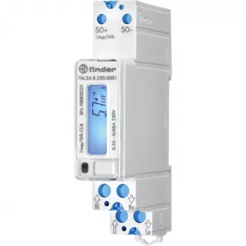 Jednofázový digitální elektroměr Finder 7M.24.8.230.0001, 230 V AC, 5(40) A, třída 1, LCD, impulsní výstup S0, DIN lišta, 1 modul, nevyhovuje MID