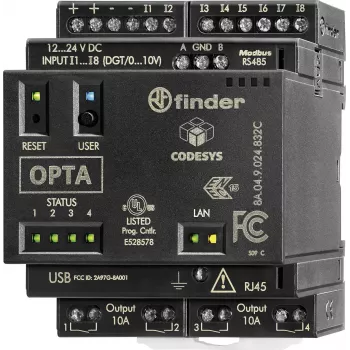 Programovatelné logické relé (PLR) Finder řídicí modul PLC 24 V DC 8 digitálních vstupů 4 analogové vstupy 4 reléové výstupy 8 A LCD displej montáž na DIN lištu 8A.04.9.024.832C