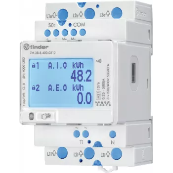 Třífázový elektroměr Finder 7M.38.8.400.0312, přímé připojení, 80 A, Modbus RS485, S0 impuls, DIN lišta, 4 moduly