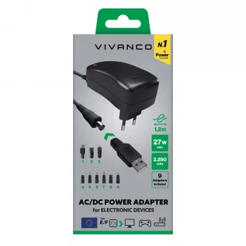 Univerzální AC/DC napájecí adaptér Vivanco 27W se 7 DC konektory a USB portem VVITADAPT27WUN