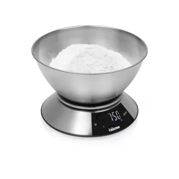 Tristar KW-2453 digitální kuchyňská váha s nerezovou miskou, kapacita 5 kg, přesnost 1 g, LCD displej, funkce tary, stříbrná