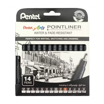 Sada permanentních finelinerů Pentel Arts Pointliner, 14 různých šířek čar 0,03 mm–3,0 mm, černý inkoust (YS20P-14)