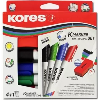 Sada fixů na bílou tabuli Kores, 4 fixy + houbička, kulatý hrot, 3,0 mm, rychleschnoucí, různé barvy M20863