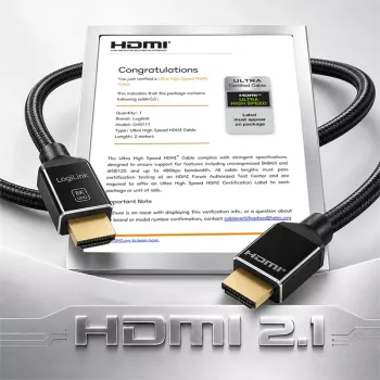 HDMI kabel LogiLink A/M na A/M, 8K/60Hz, 48Gbps, kov/nylon, certifikovaný, černý, 2 m