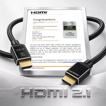 HDMI kabel LogiLink, 8K/60 Hz, 48 Gbps, kov/nylon, certifikovaný, černý, 1 m