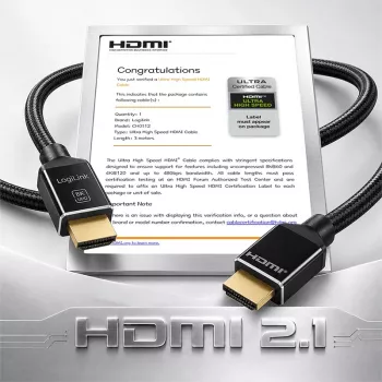 LogiLink HDMI kabel, A/M na A/M, 8K/60 Hz, 48 Gbps, kov, nylon, certifikovaný, černý, 3 m