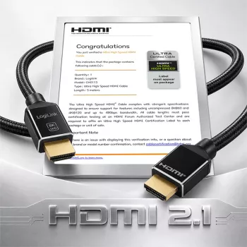 LogiLink HDMI kabel A/M na A/M 8K/60 Hz 48 Gbps kov nylon certifikovaný černý 5 m