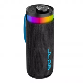 JLab Go Party přenosný Bluetooth reproduktor s výkonem 20W, odolnost proti vodě IPX6, 15hodinová baterie, vestavěný mikrofon, světelné režimy, černý