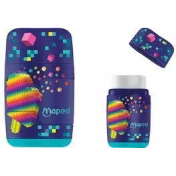 Kombinace gumy a ořezávátka Maped Pixel Party, dvojitý otvor, průhledná nádobka na hobliny, různé barvy 049223