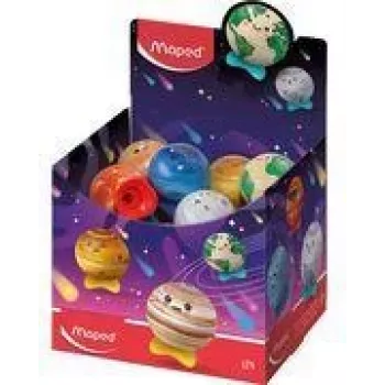 Kovové ořezávátko s nádobkou Maped Planet, různé designy, display box 24 ks 051102EU