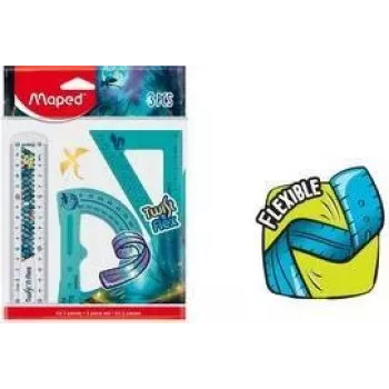 Maped Twist'n Flex Dragon Geometry Set, 3-Piece, Flexible Plastic, Unbreakable, 15 cm Ruler, 180° Protractor, 45°/45°/90° Set Square 981898