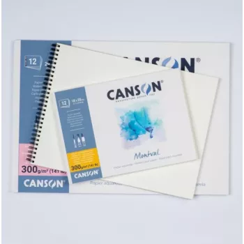 CANSON Montval Watercolor Paper Block, 160 x 284 mm, 300 gsm, 12 Sheets, Fine Grain, Glued on Short Side C518408001