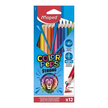 Trojúhelníkové barevné tužky Maped COLOR'PEPS STRONG, 12 barev, 3,2 mm odolná tuhá, kartonové pouzdro 862712