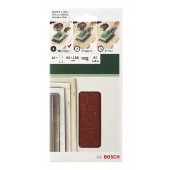 Brusné listy Bosch 2609256A90 na suchý zip, 10 ks, 185 mm x 93 mm, zrnitost 120, děrované