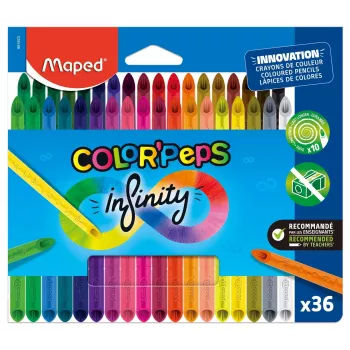 Maped COLOR'PEPS INFINITY Triangular Colored Pencils, 36 Assorted Colors, Woodless 100% Pigment Core, Lasts 10x Longer, Ergonomic Case 861623