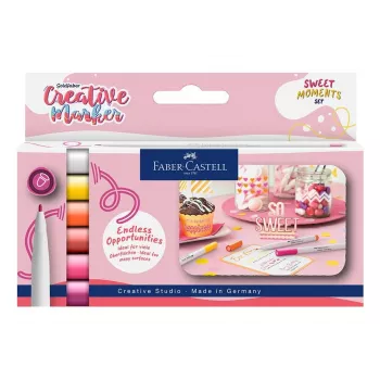 Sada kreativních fixů Faber-Castell Goldfaber, 6 barev, Sweet Moments, inkoust na vodní bázi, bez zápachu, stíratelný, oboustranný štětec a kulatý hrot, opakovaně pouzdro 160602