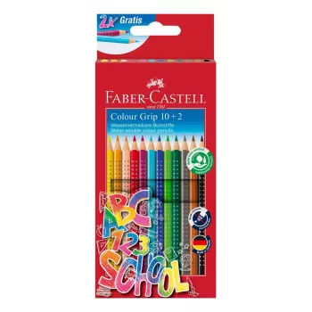 Trojhranné barevné tužky Faber-Castell Colour GRIP, mix barev, 10 ks, Soft-Grip Zone, odolná tuhá 3,3 mm tuhá, lak na vodní bázi, promo pouzdro 201585