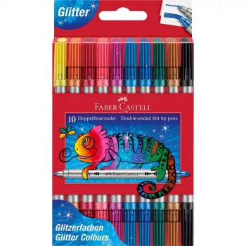 Glitrové fixy s dvojitým hrotem FABER-CASTELL, 10 různých barev, omyvatelné, hroty 3-5 mm a 1 mm 151107